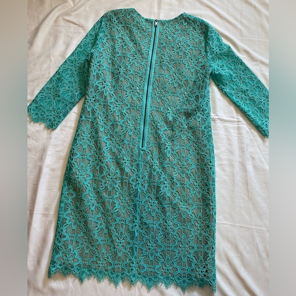 DKNY Lace Cocktail Dress | Aqua Blue Size 4 | Wedding Guest | 3/4 Sleeves - Picture 4 of 11